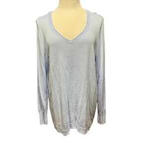 Chicos Light Blue Linen Blend V-Neck Long Sleeve Sweater Size 2 L NWT